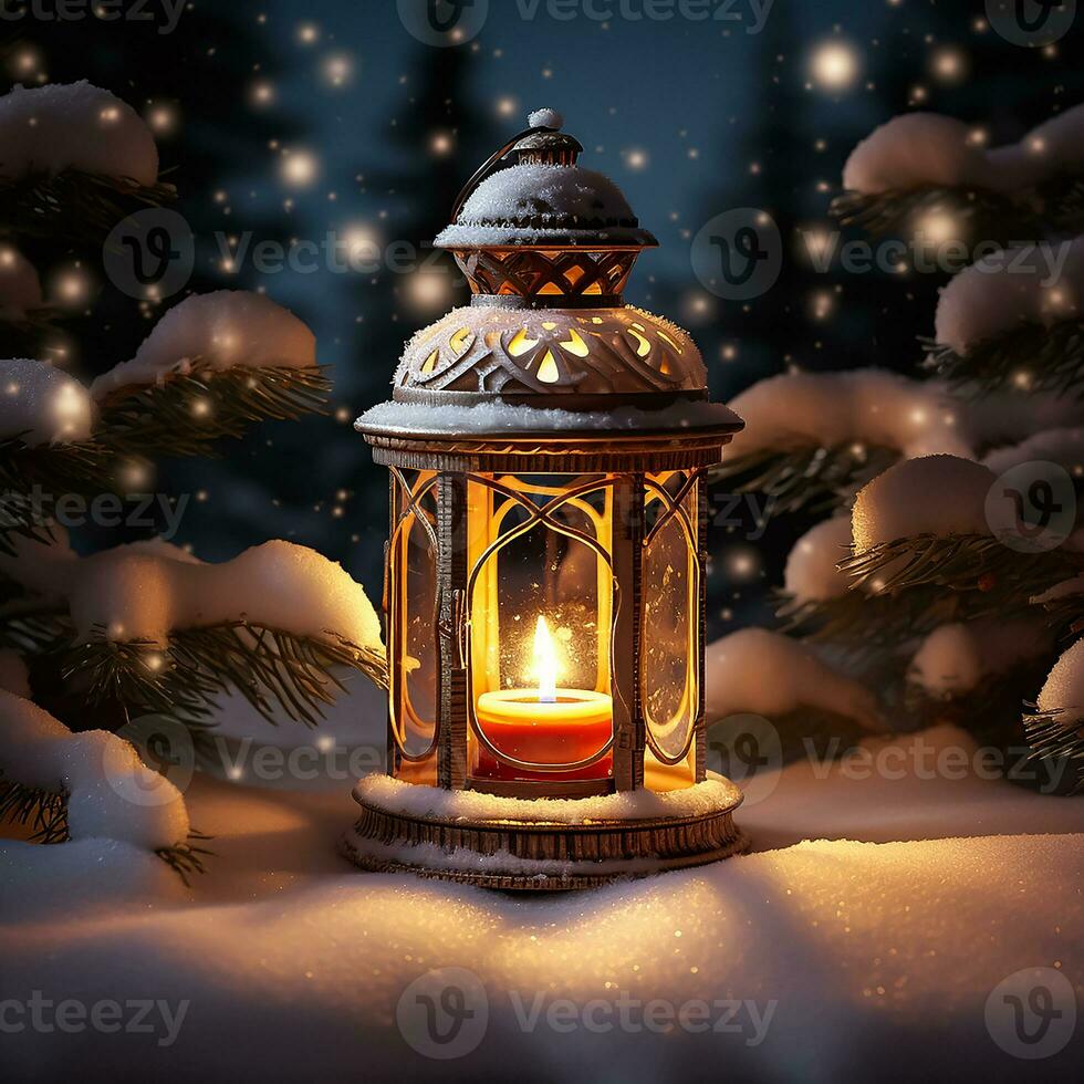 AI generated Christmas lantern on snow and snowfall photo