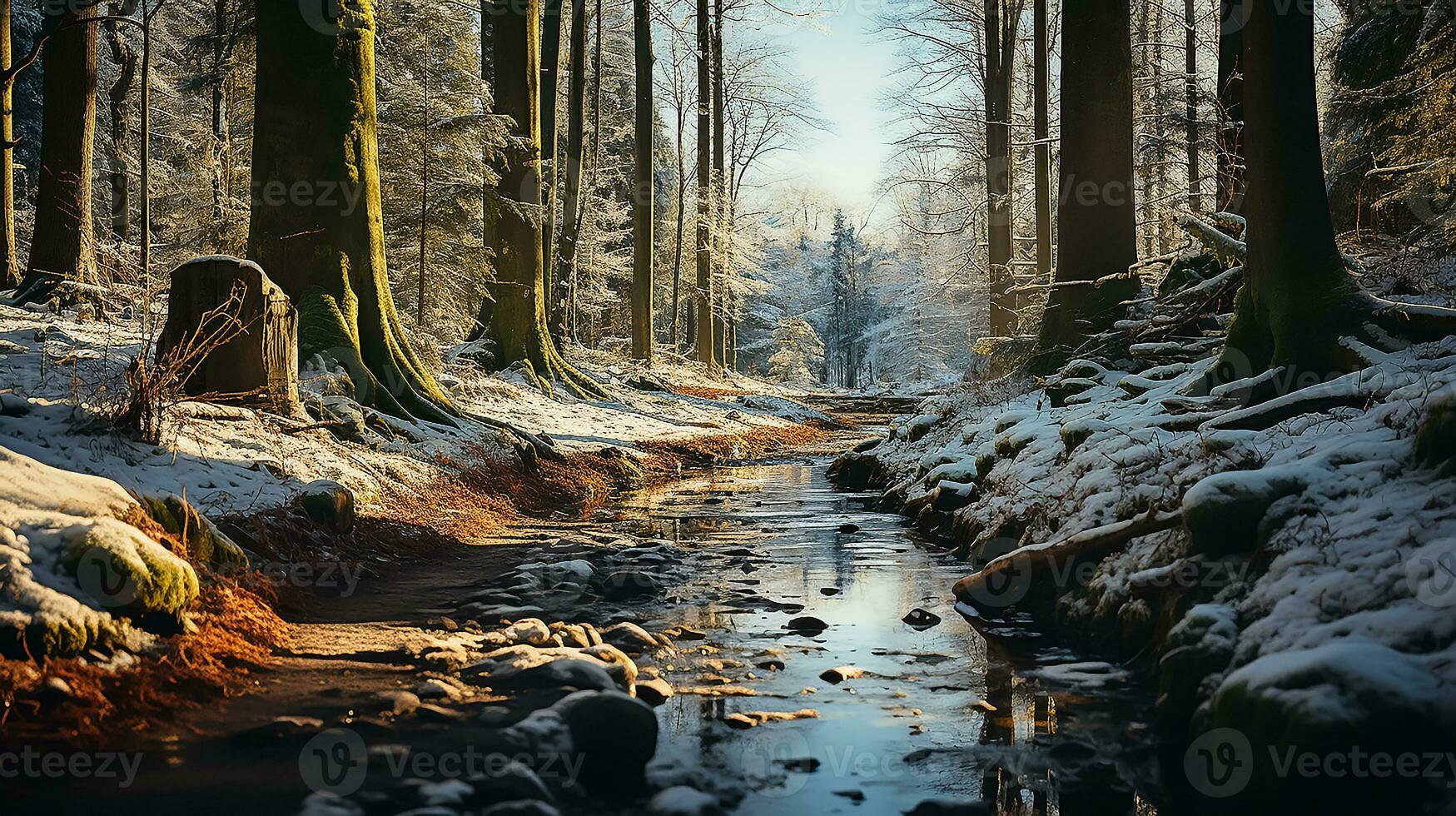 AI generated winter background of snow and frost with landscape photo