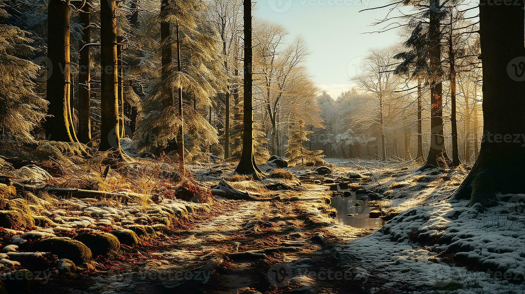 AI generated winter background of snow and frost with landscape photo