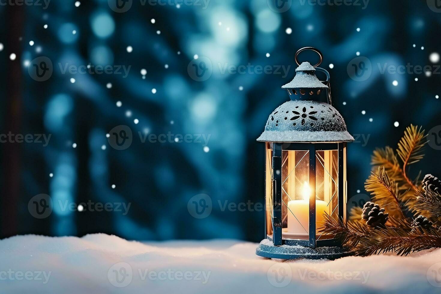 AI generated Christmas lantern on snow and snowfall photo