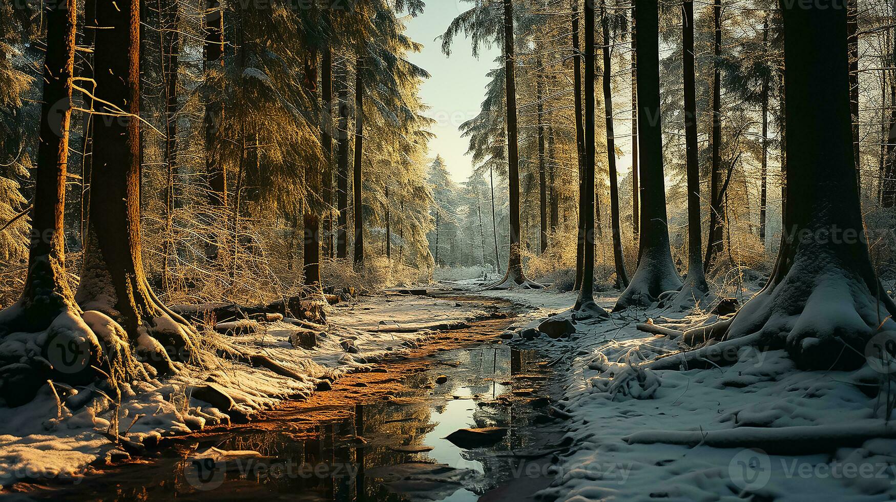 AI generated winter background of snow and frost with landscape photo