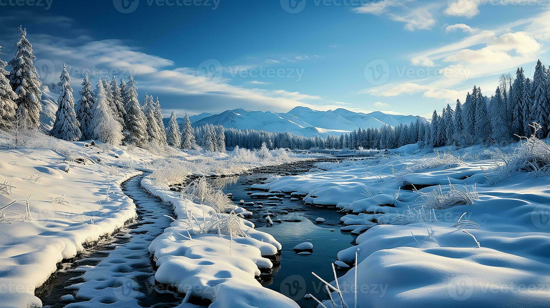 AI generated winter background of snow and frost with landscape photo