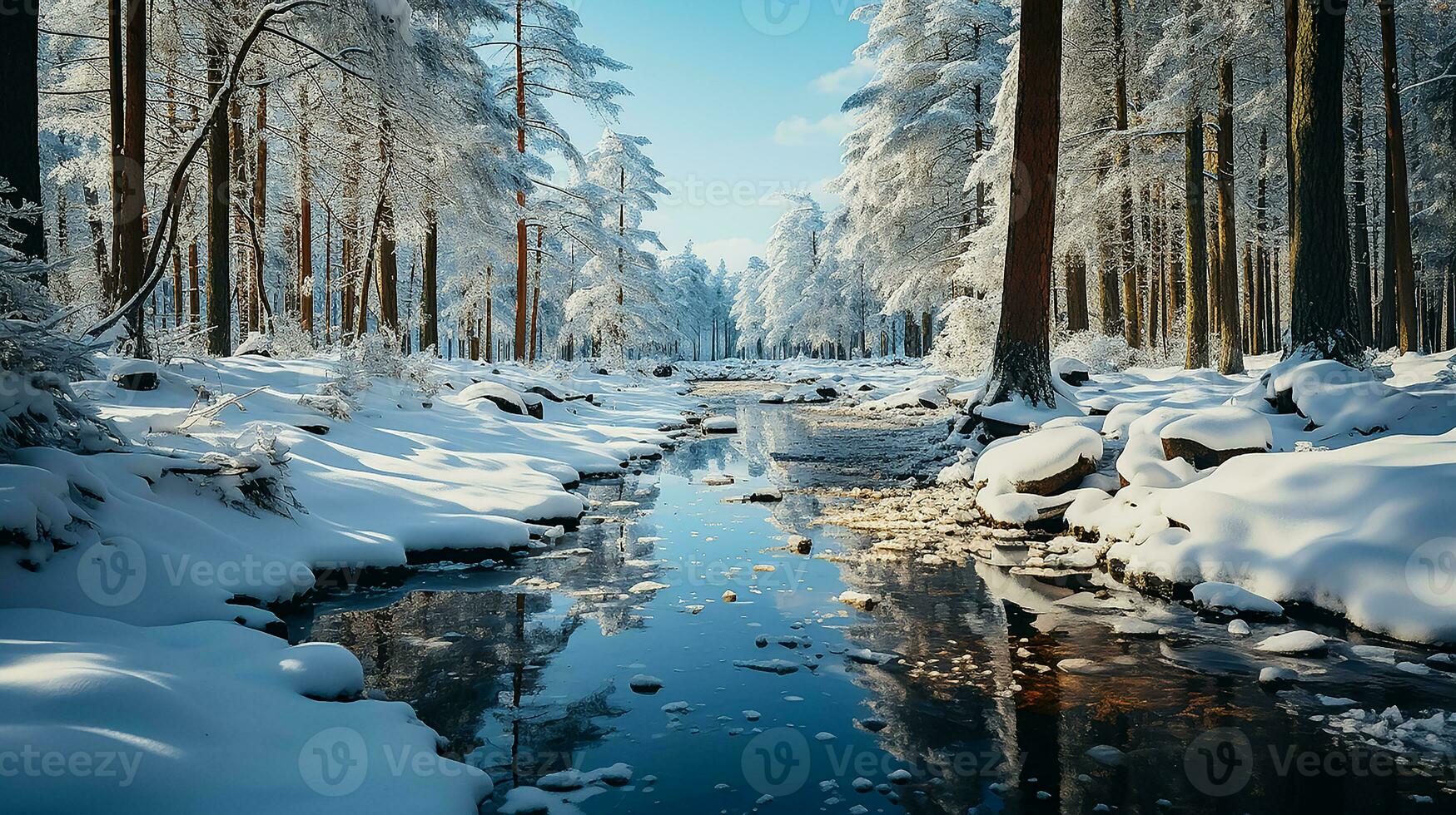 AI generated winter background of snow and frost with landscape photo