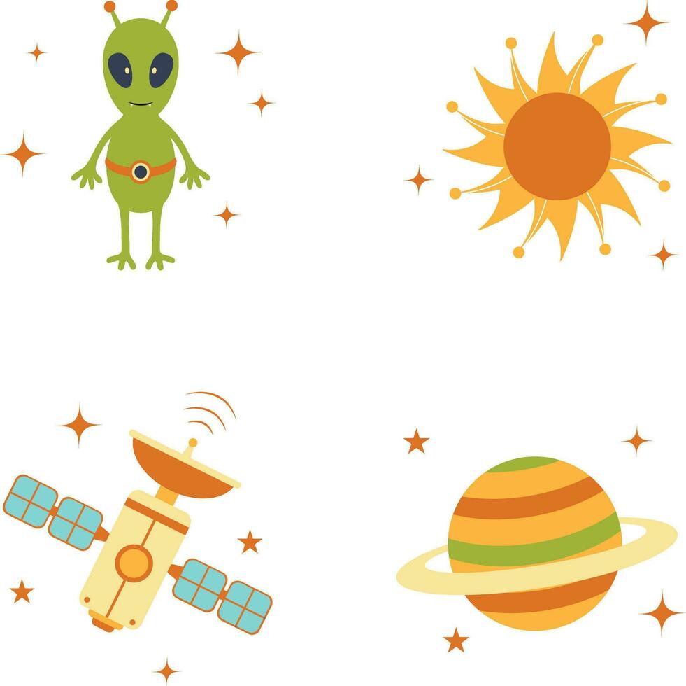 Set of Outer Space Birthday Illustration. Isolated On White Background. Isolated Vector Icon.