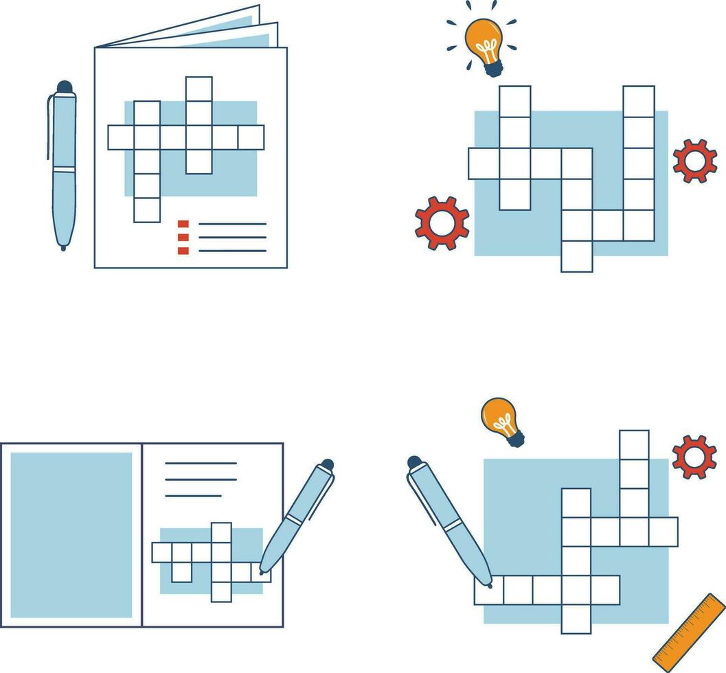 Crossword Puzzle Day Icon Set. With Different Cartoon Decoration. Vector Illustration.