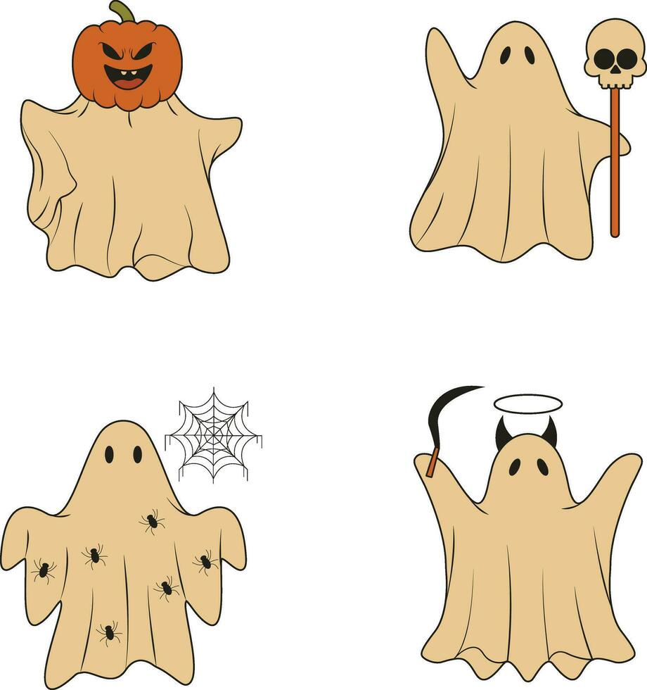 Retro Ghost Halloween Illustration Set. With Spooky Cartoon Design Style. Isolated Vector Icon.