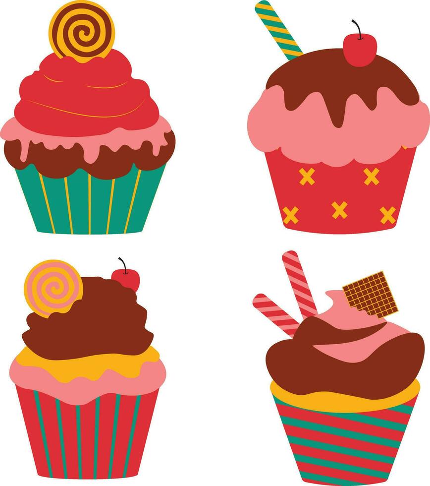 Set of Different Cupcake Dessert. With Cute Cartoon Design. Isolated Vector Icon.