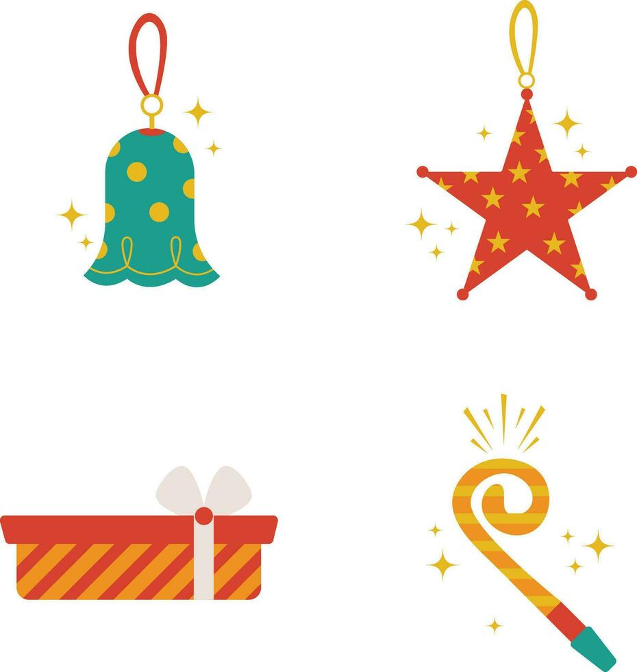 New Year Retro Decoration With Flat Cartoon Design. Isolated On White Background. Vector Icon Set.