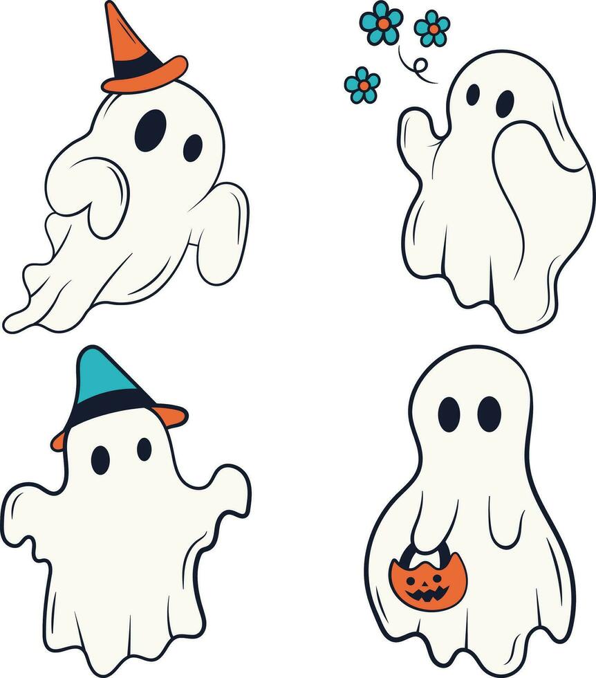 Retro Ghost Halloween Icon Set. With Cute Cartoon Design Style. Vector Illustration.