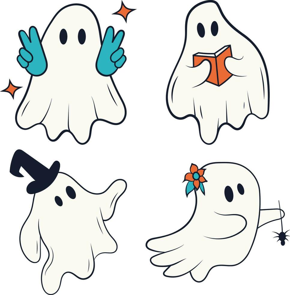 Retro Ghost Halloween Icon Set. With Cute Cartoon Design Style. Vector Illustration.