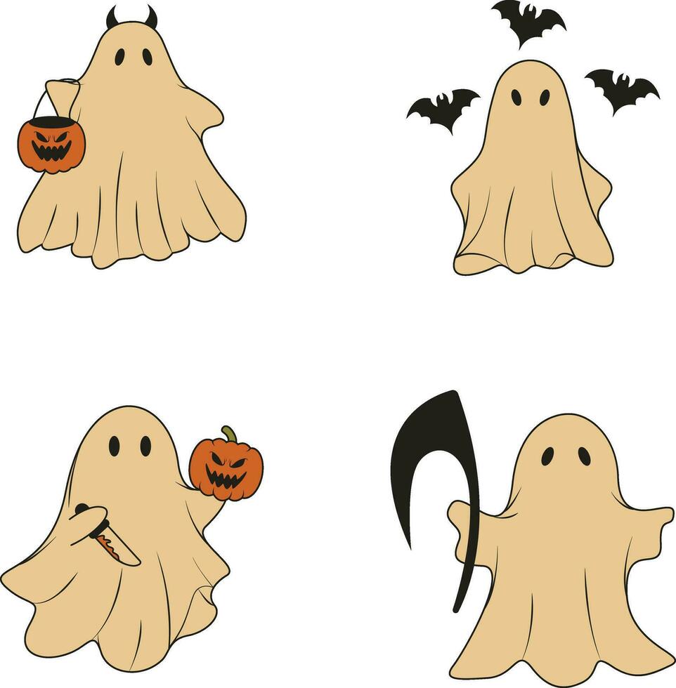 Retro Ghost Halloween Illustration Set. With Spooky Cartoon Design Style. Isolated Vector Icon.