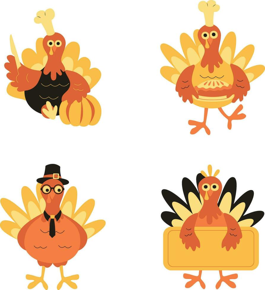 Thanksgiving Turkey Icon Collection. With Cute Cartoon Design. Isolated Vector Illustration.