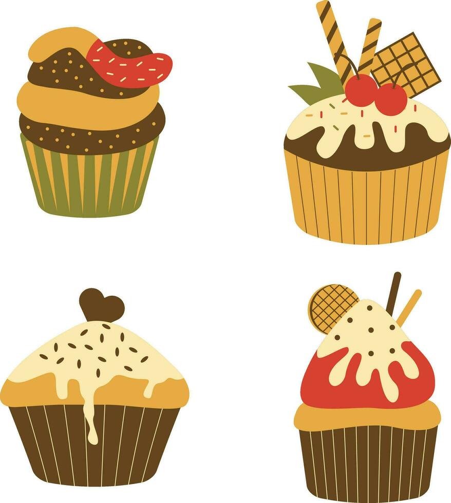 Set of Cupcake Dessert Illustration. With Cute Cartoon Design and Shape. Isolated Vector Icon.