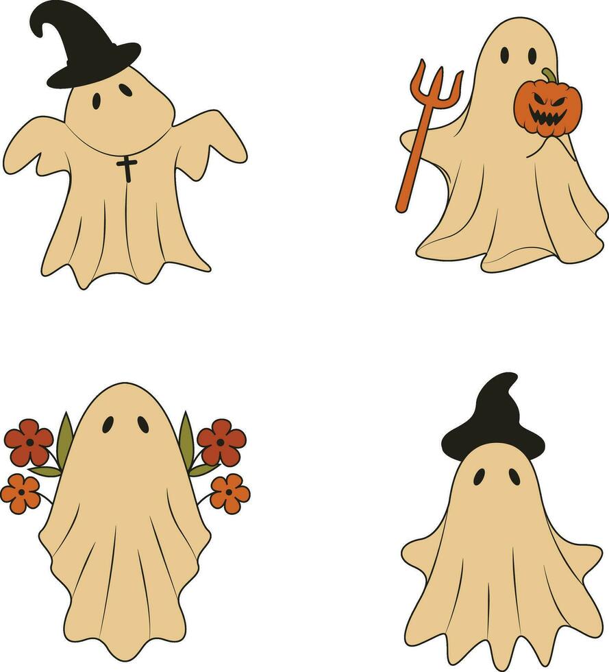 Retro Ghost Halloween Illustration Set. With Spooky Cartoon Design Style. Isolated Vector Icon.