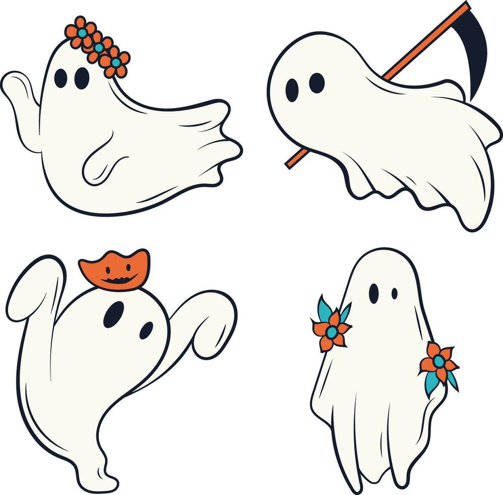 Retro Ghost Halloween Icon Set. With Cute Cartoon Design Style. Vector Illustration.