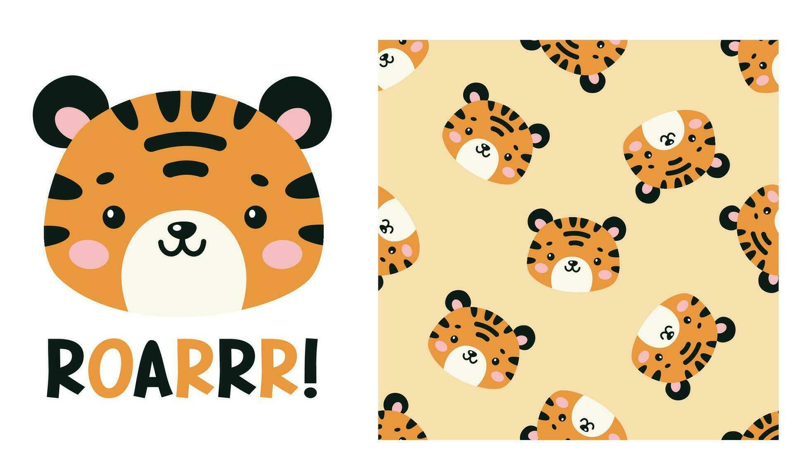 Vector set. Printable print and seamless abstract vector pattern. Cute tiger cub and Roar lettering
