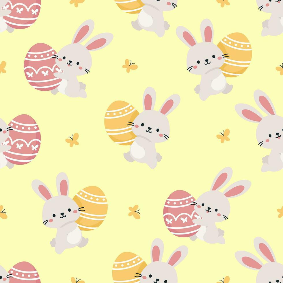 Seamless vector pattern for Easter day. Cute bunny running with Easter egg, butterflies