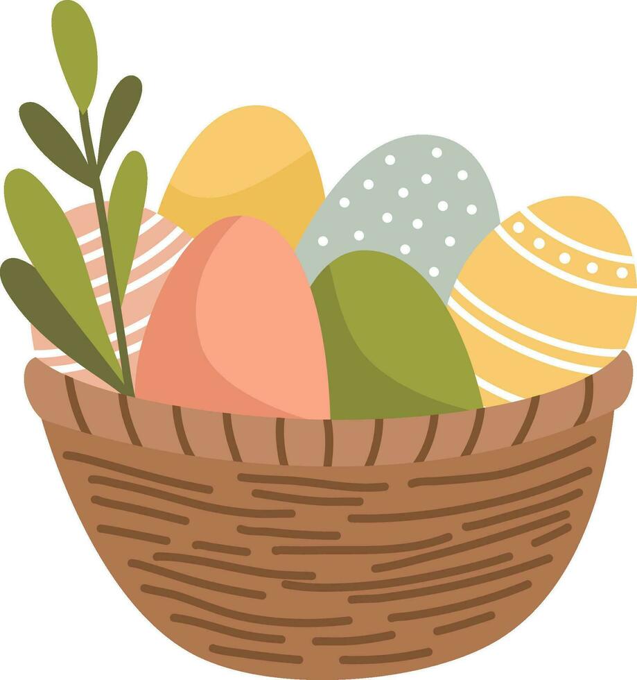 Flat vector illustration for easter day. Cute basket with Easter eggs