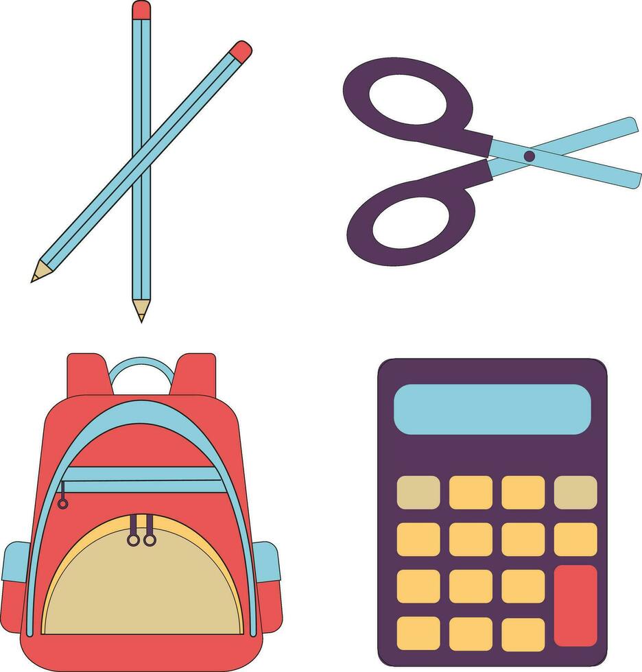 Set of Primary School Equipment. Isolated On White Background. Vector Illustration.