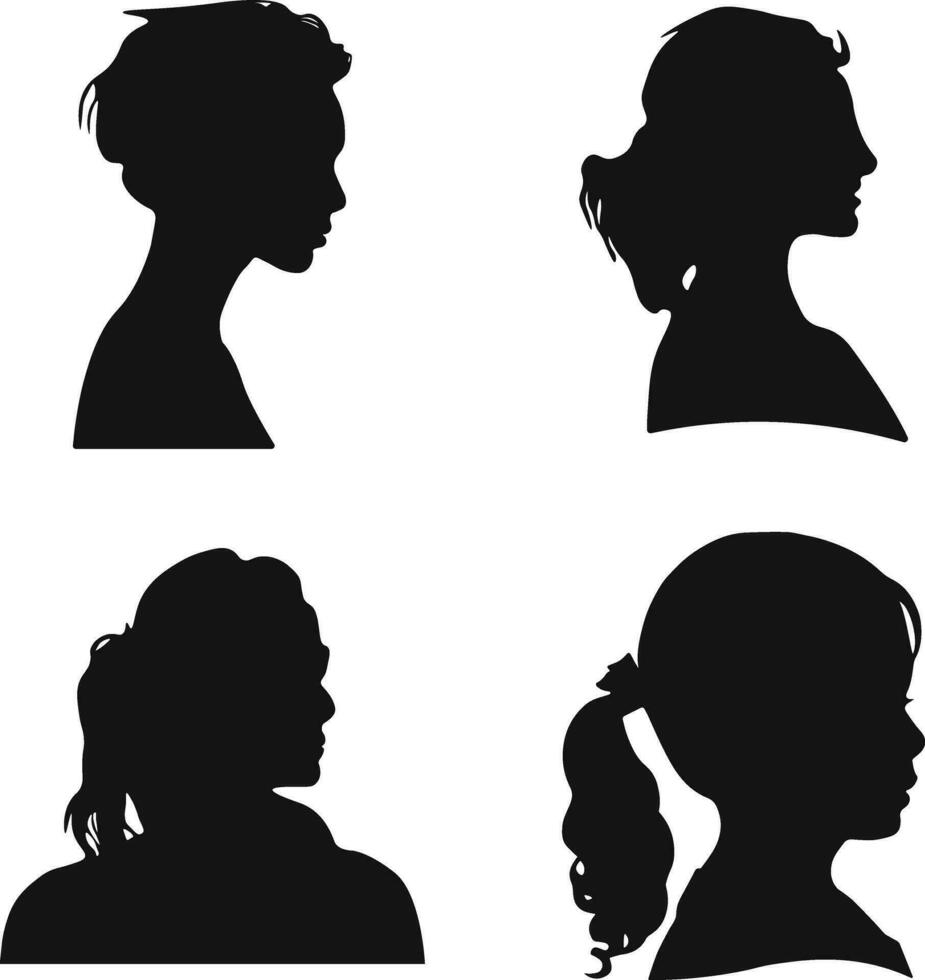 Set of Woman Head Silhouettes. With Different Hairstyle. Isolated On White Background. Vector Illustration.
