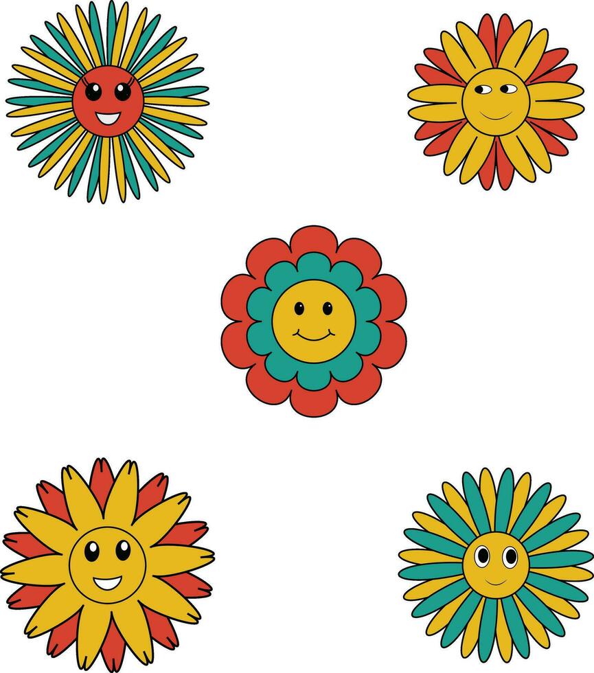 Collection of Groovy Flowers Retro. With Colorful Cartoon Design. Isolated Vector Icon.