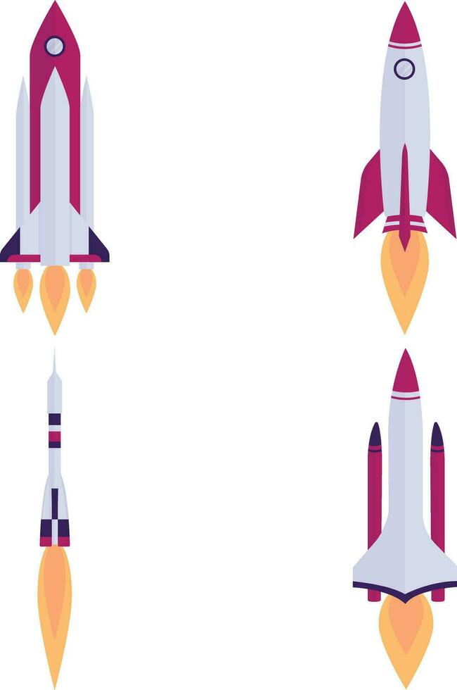 Set of Different Spaceship Rocket. With Flat Cartoon Design Style. Isolated Vector Icon.