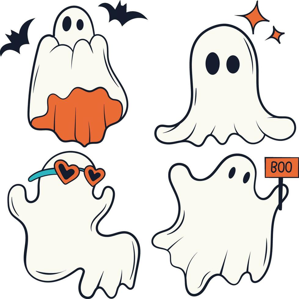 Retro Ghost Halloween Icon Set. With Cute Cartoon Design Style. Vector Illustration.