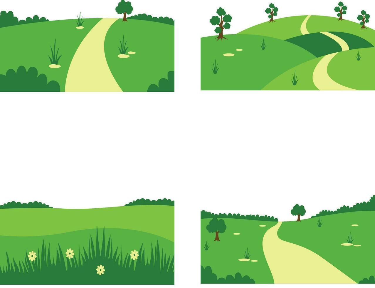 Set of Different Field Green Hills. In Aesthetic Design Concept. Vector Illustration.