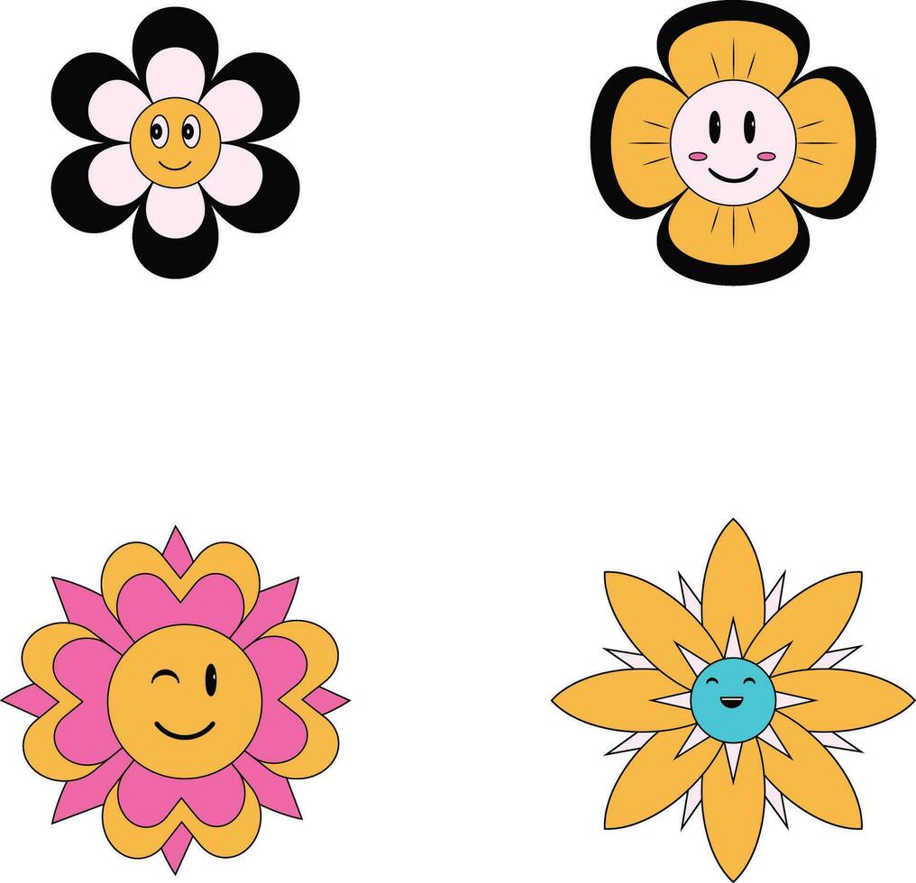 Groovy Flowers Retro Icon Set. Isolated On White Background. Vector Illustration.