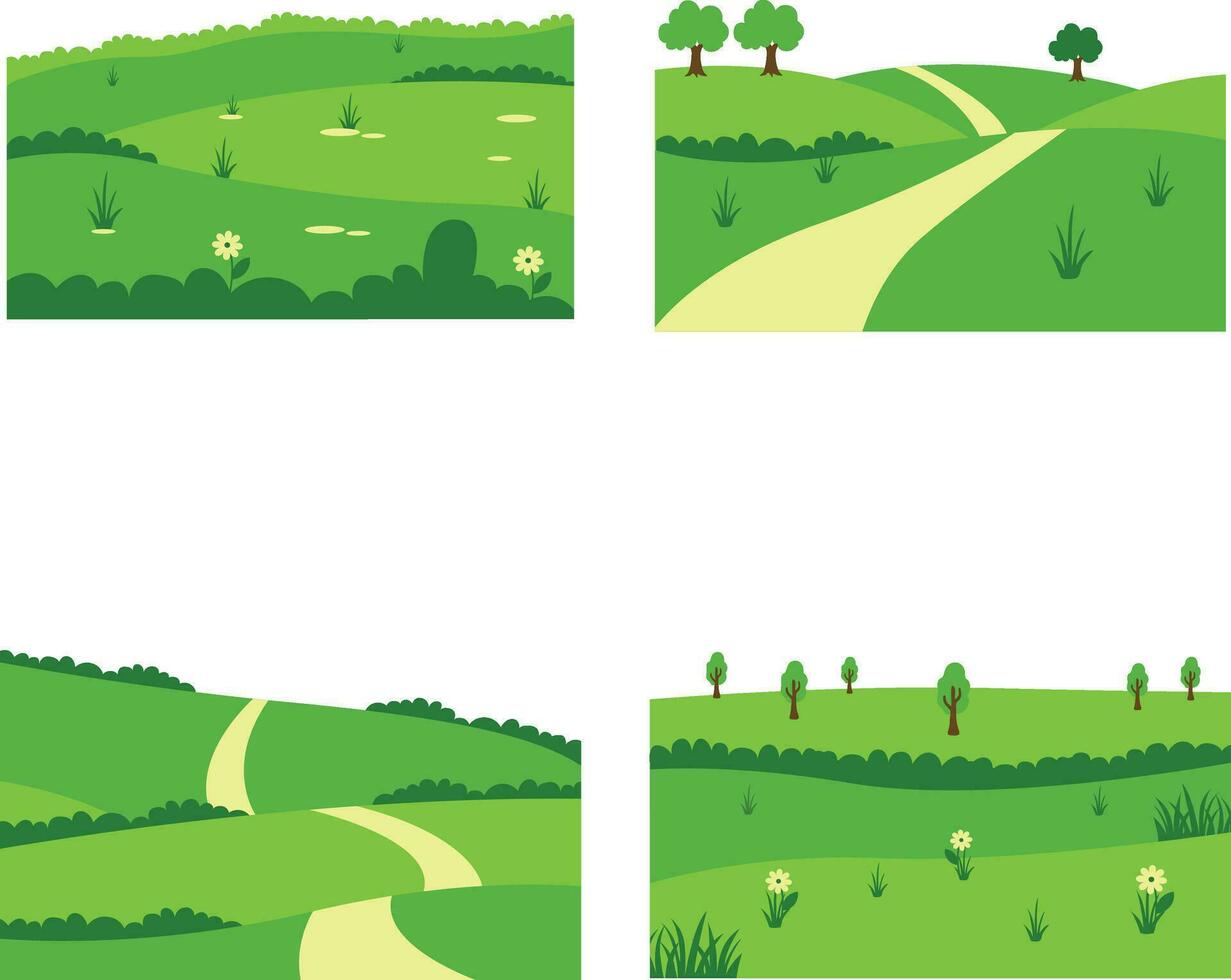 Set of Different Field Green Hills. In Aesthetic Design Concept. Vector Illustration.