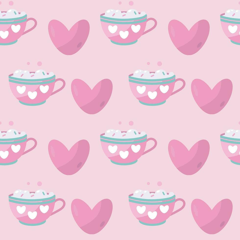 Seamless pattern with hearts and cup  on pink background vector