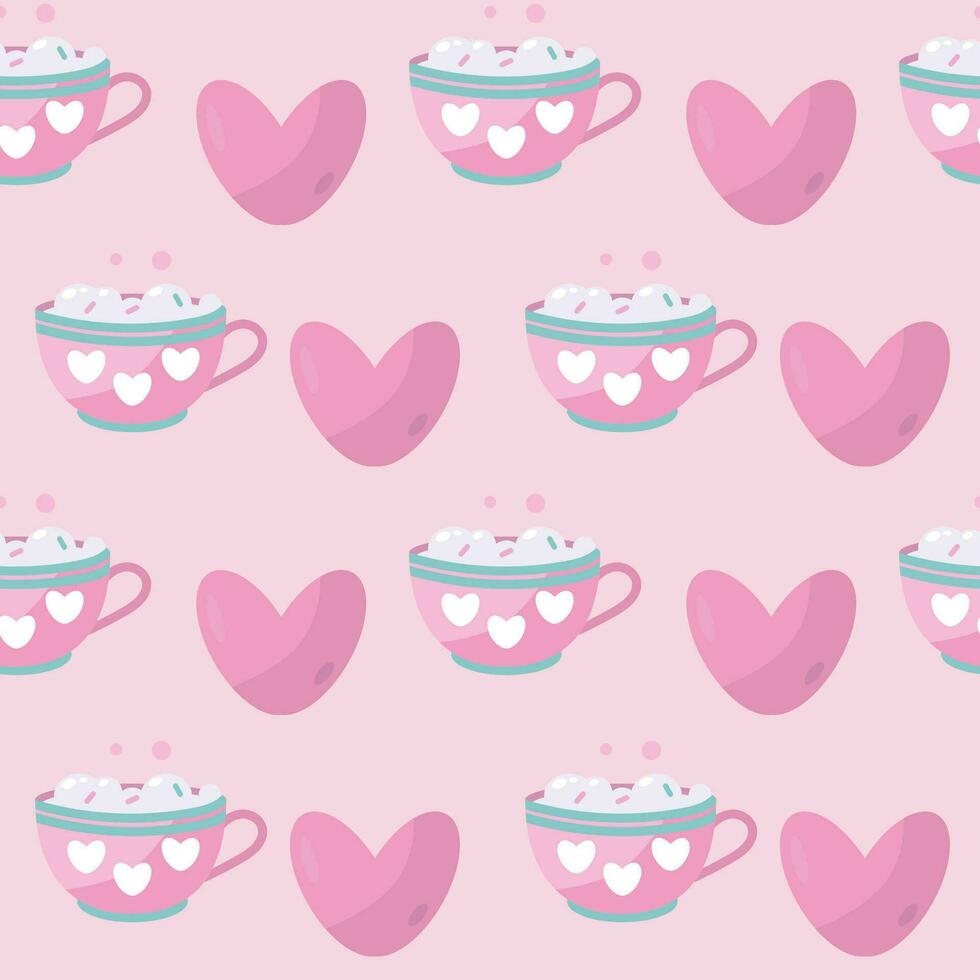 sin costura modelo con corazones y taza en rosado antecedentes vector