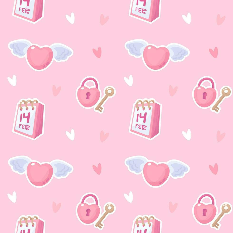 Valentines day seamless pattern with calendar, heart and key vector