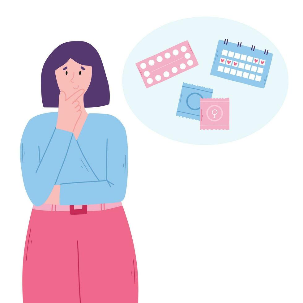 Various types of female contraception. Concept of a woman thinking about contraception that is suitable for her. Vector concept of choosing a contraceptive method.