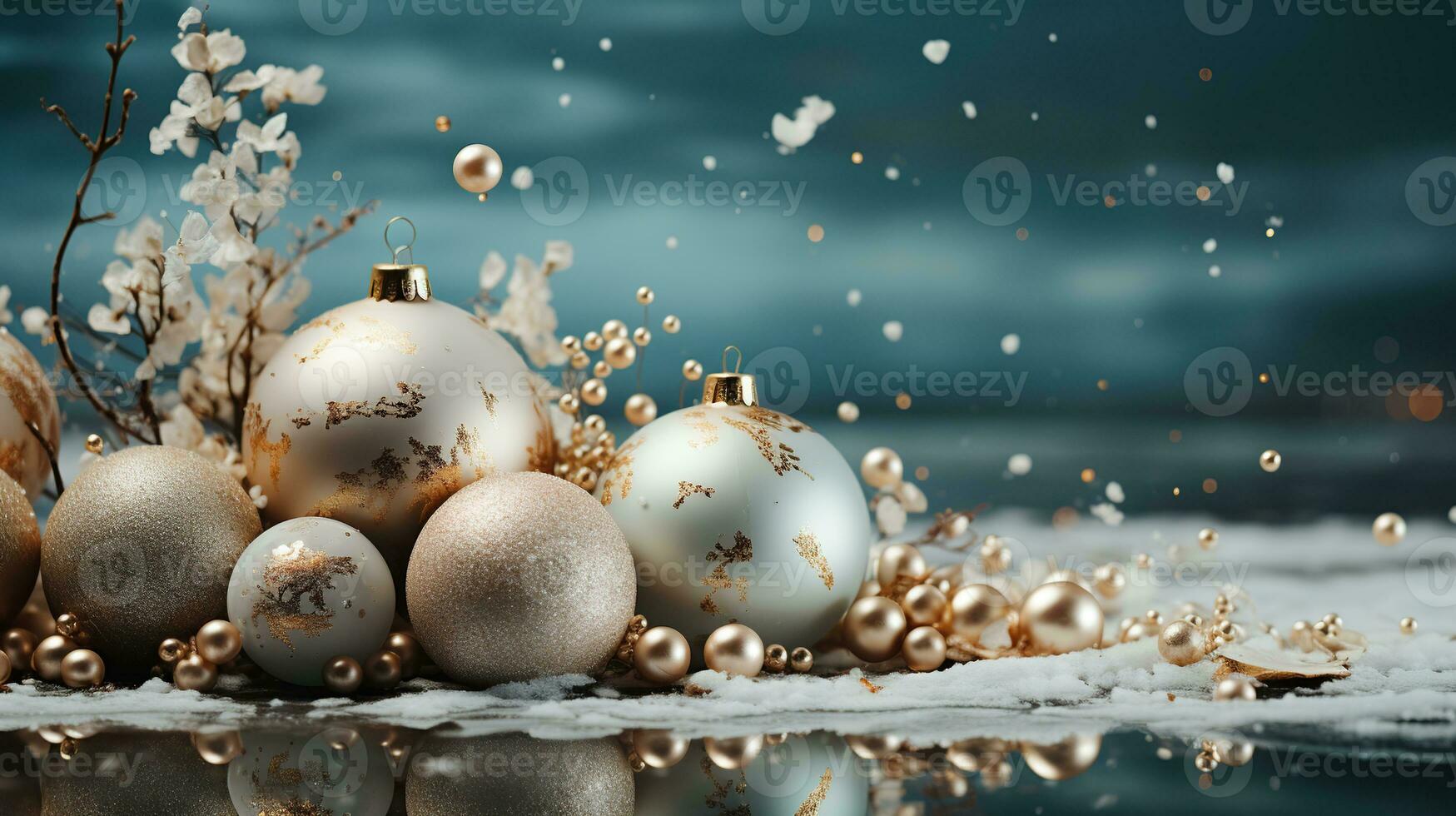 AI generated Christmas background with Christmas balls. Copy Space. Created with Generative AI photo