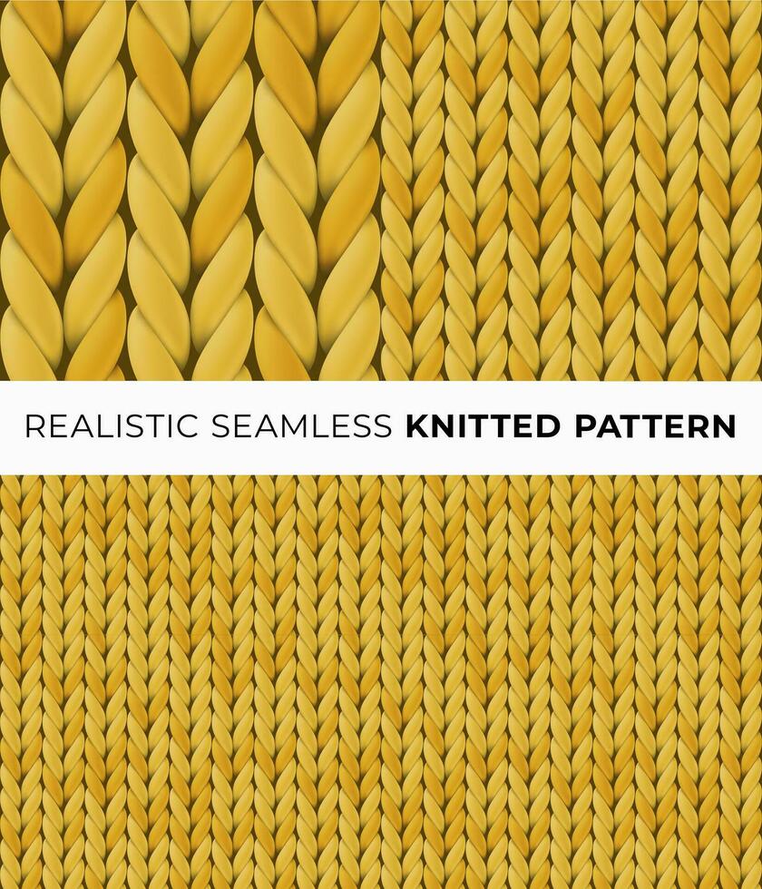 Yellow realistic merino wool fabric. Seamless detailed knitted pattern. Vector illustration with closeup texture for wallpaper, background, web page backdrop, wrapping paper, winter design, postcard.