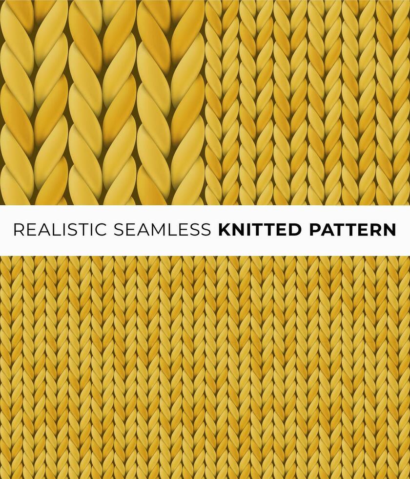 Yellow realistic merino wool fabric. Seamless detailed knitted pattern. Vector illustration with closeup texture for wallpaper, background, web page backdrop, wrapping paper, winter design, postcard.