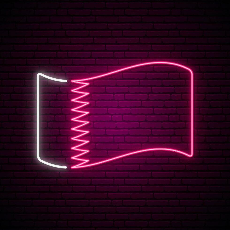 Qatar flag neon sign. Glowing waving Qatar national flag isolated on dark brick wall background. vector