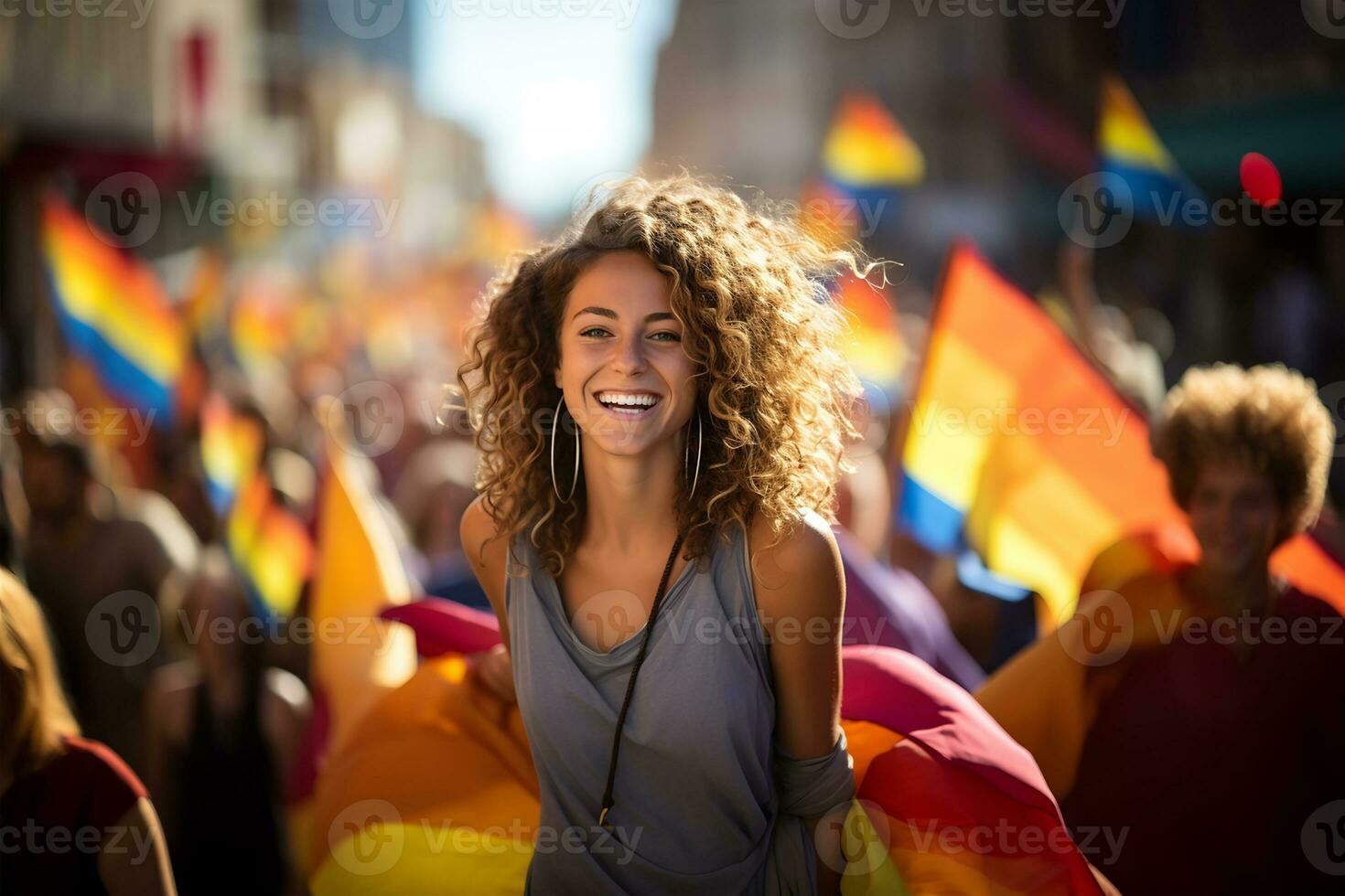AI generated colorful portrait of a smiling woman at a lgtbi rights demonstration. equal concept. photo