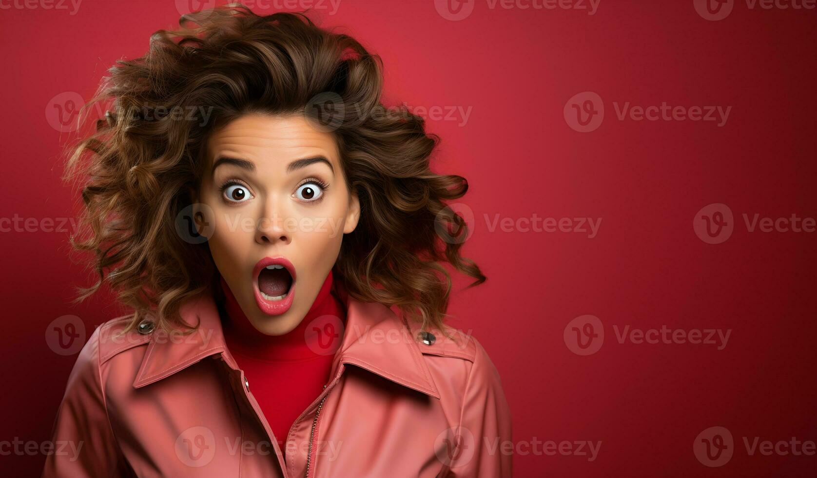 AI generated surprised woman opening her mouth, dressed in red, in front of a red background photo