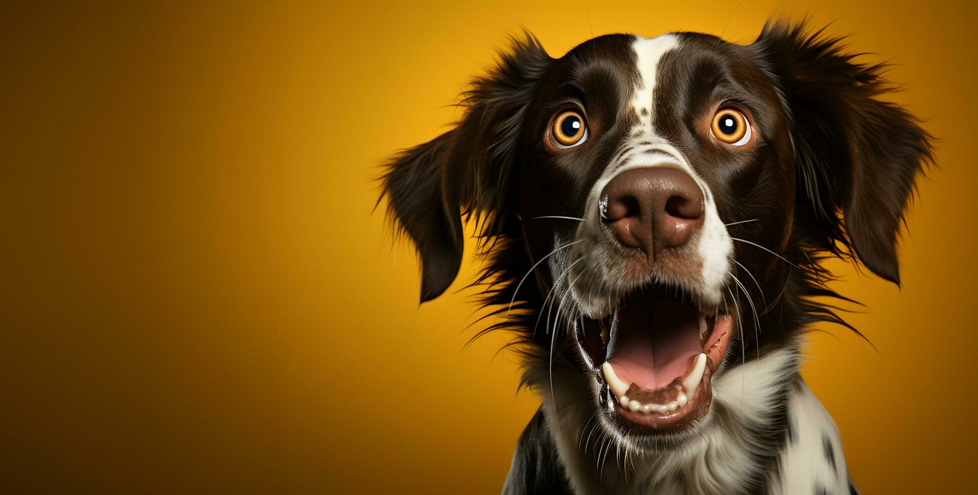 AI generated Dog looking surprised, reacting astonished, impressed, on a yellow background. photo