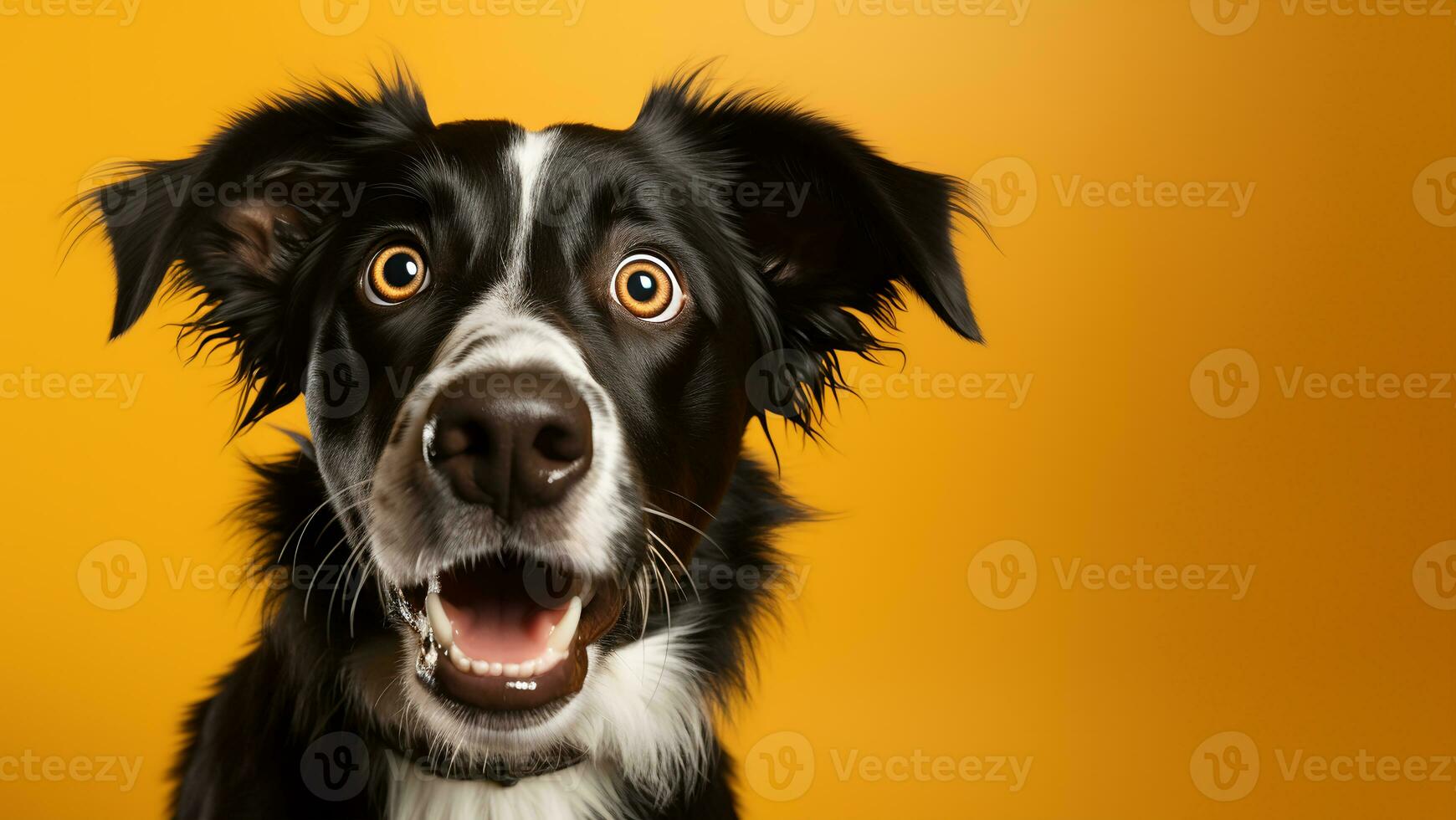 AI generated Dog looking surprised, reacting astonished, impressed, on a yellow background. photo