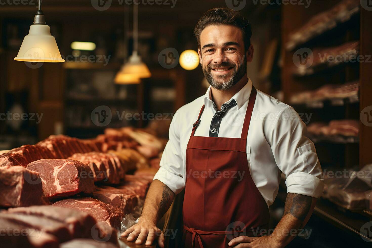 AI generated Portrait of a smiling butcher with apron and red apron standing in a butcher shop. photo