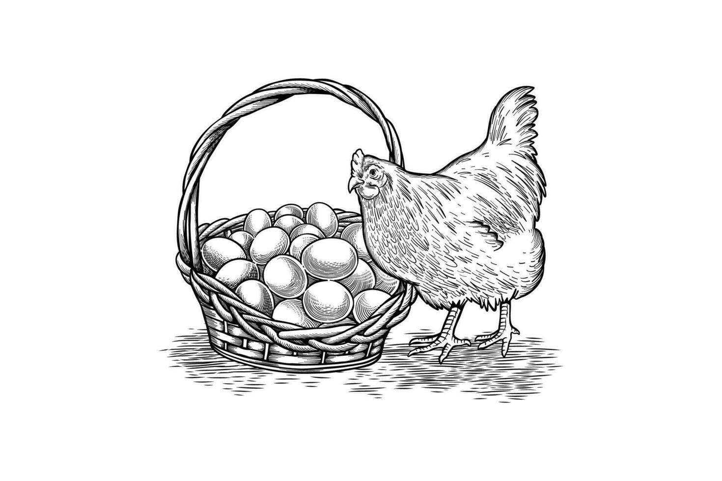 black and white vector illustration of a hen and a basket of eggs