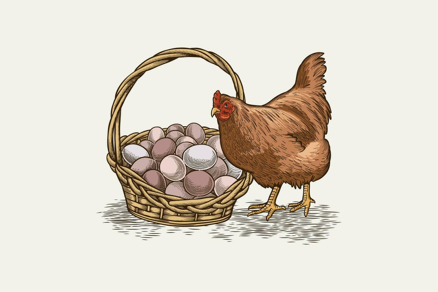 vector illustration of a hen and a basket of eggs in silhouette style