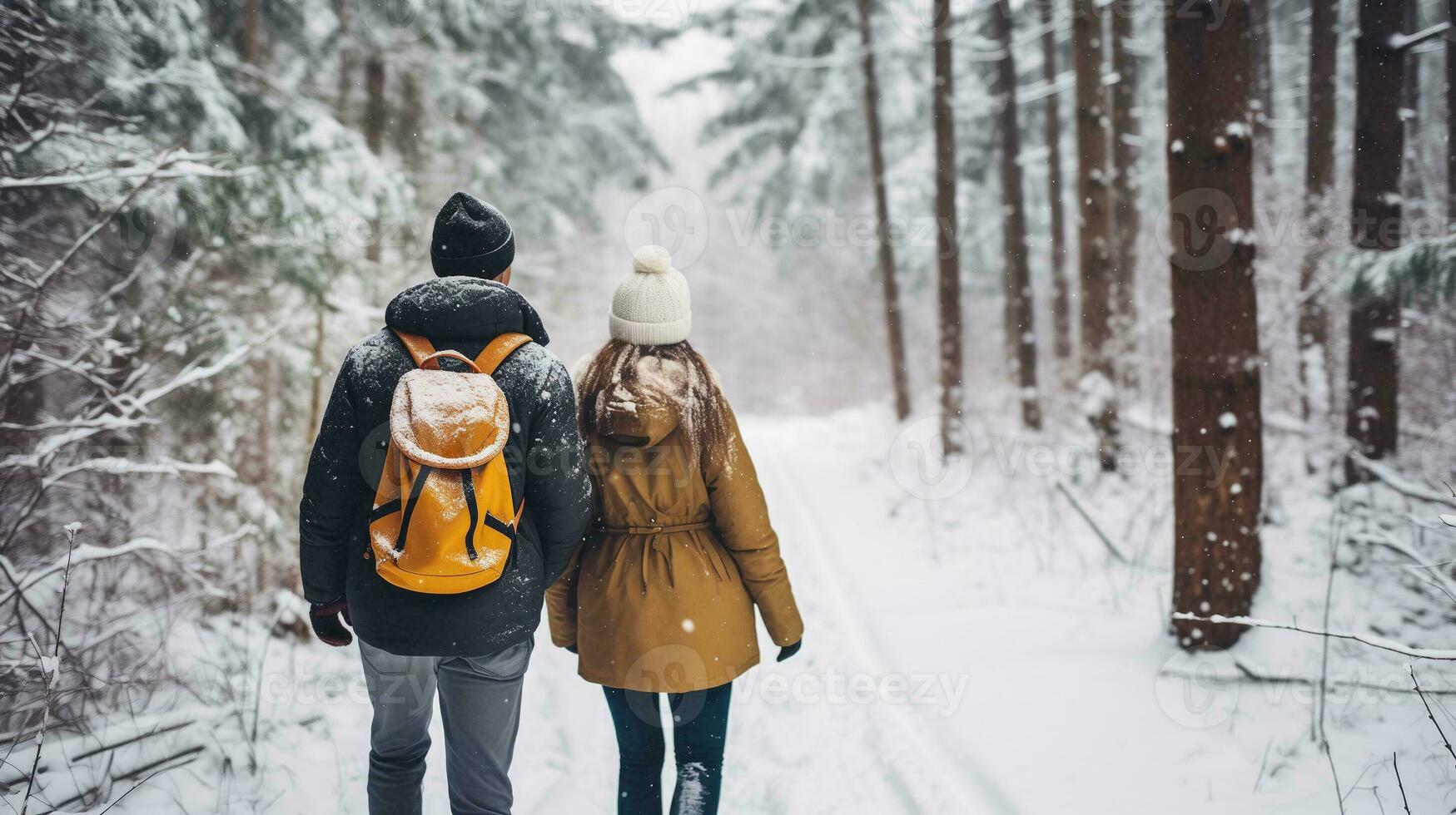 ai generado invierno bosque trotar Pareja. foto