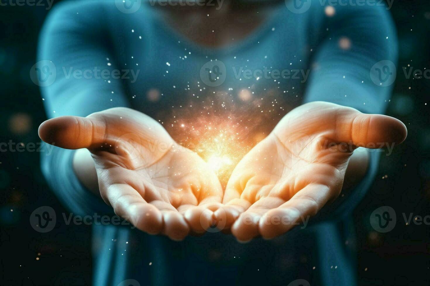 AI generated a person holding their hands open with glowing light photo
