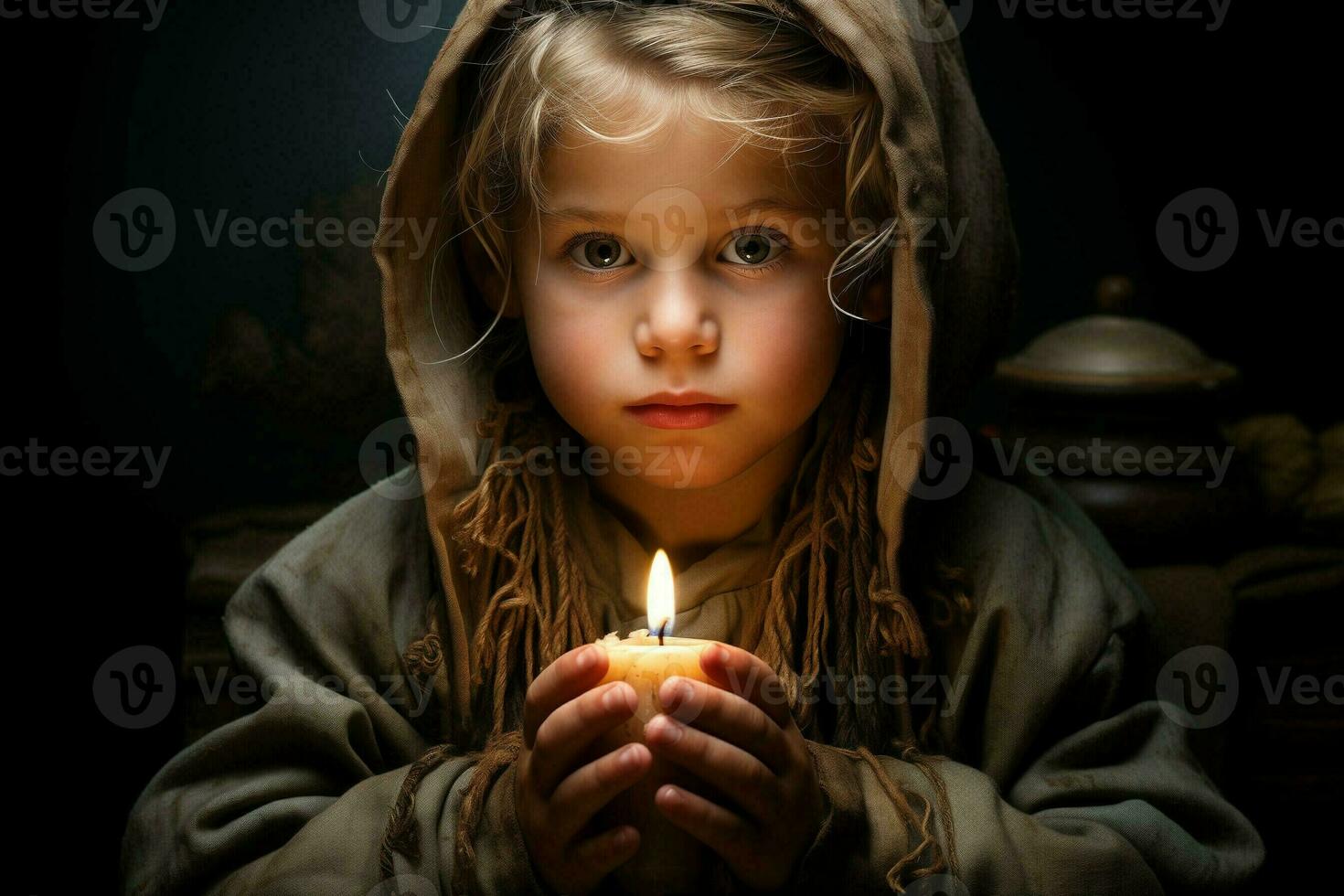 AI generated a little girl in a hooded robe holding a candle photo