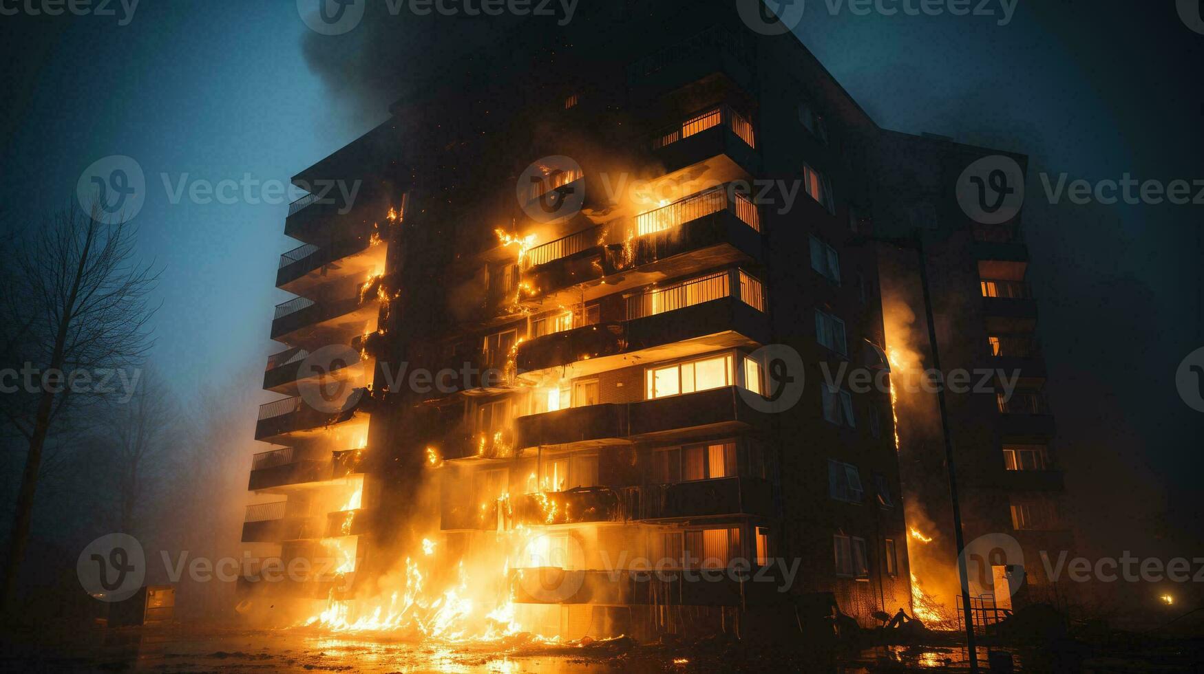 AI generated A fire in a big building in the city. photo