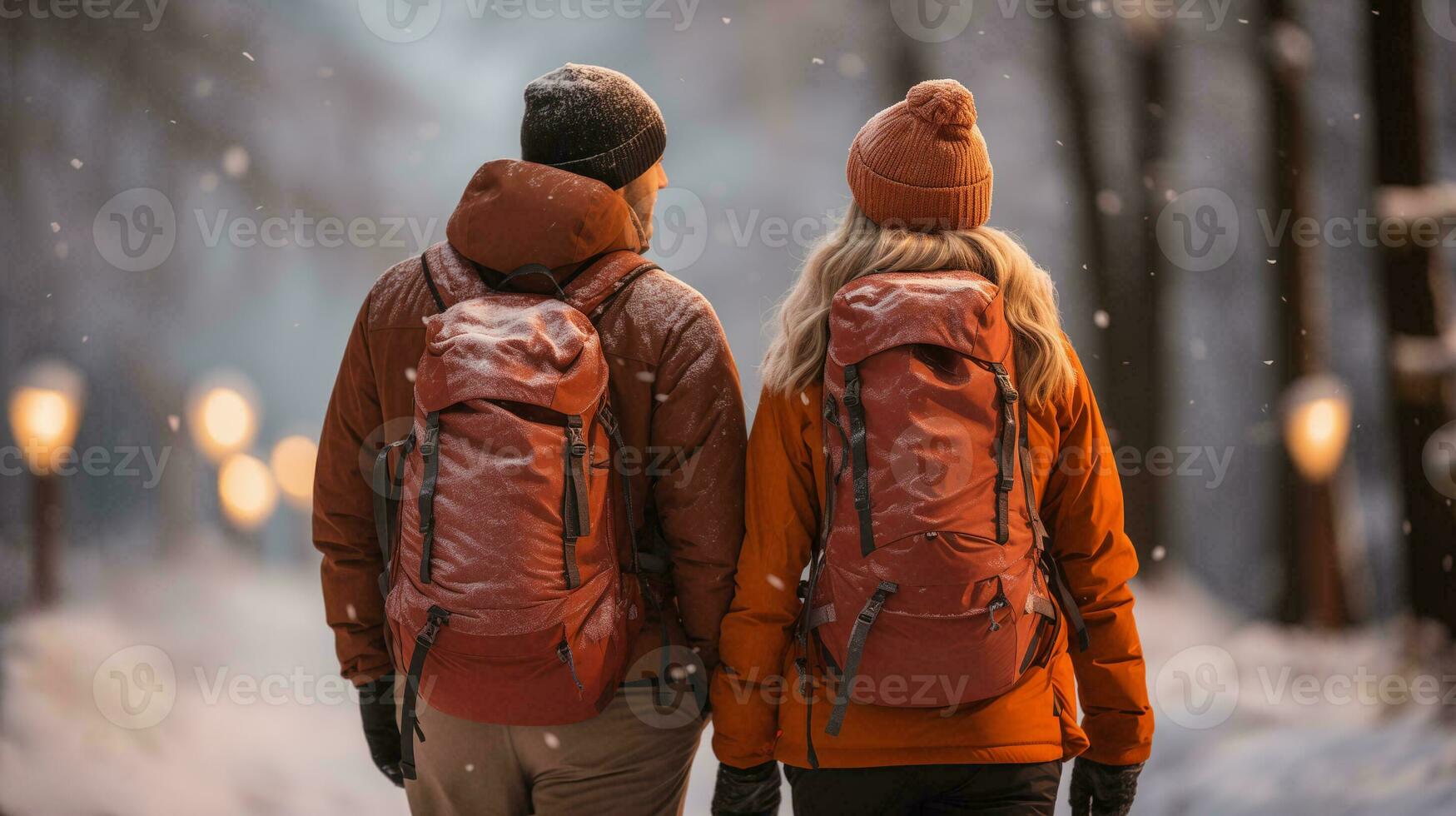 ai generado Pareja con mochilas trotar en el invierno bosque foto